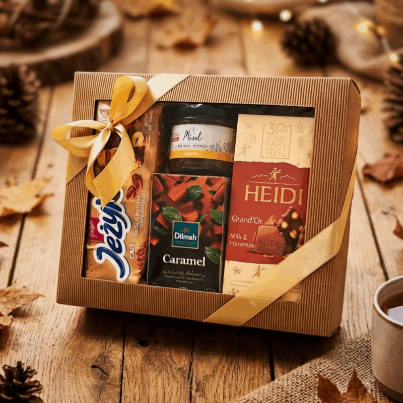 Pudełko prezentowe Sweet Autumn – złoto‑brązowa wstążka i naturalna wełna drzewna