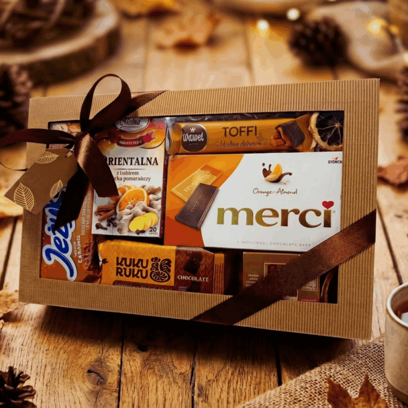 Box jesienny Warm Autumn – herbata z imbirem i pomarańczą, słodycze