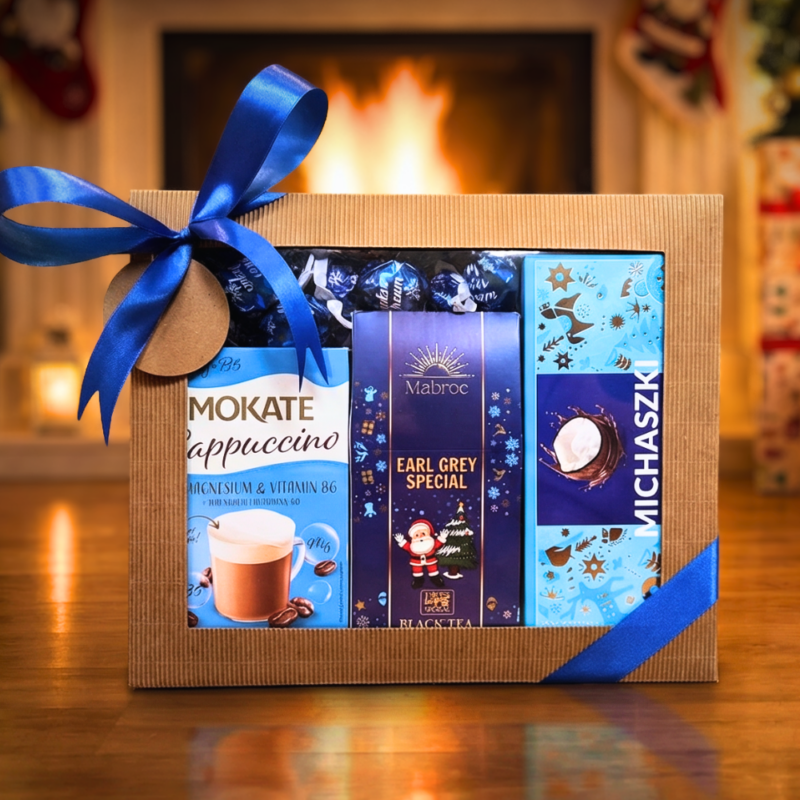 Blue Christmas – świąteczny zestaw prezentowy w pudełku z cappuccino, herbatą i słodyczami