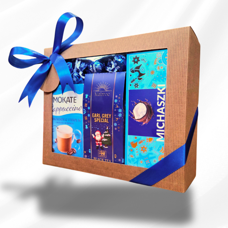 Świąteczny box prezentowy Blue Christmas zapakowany w pudełko z niebieską wstążką